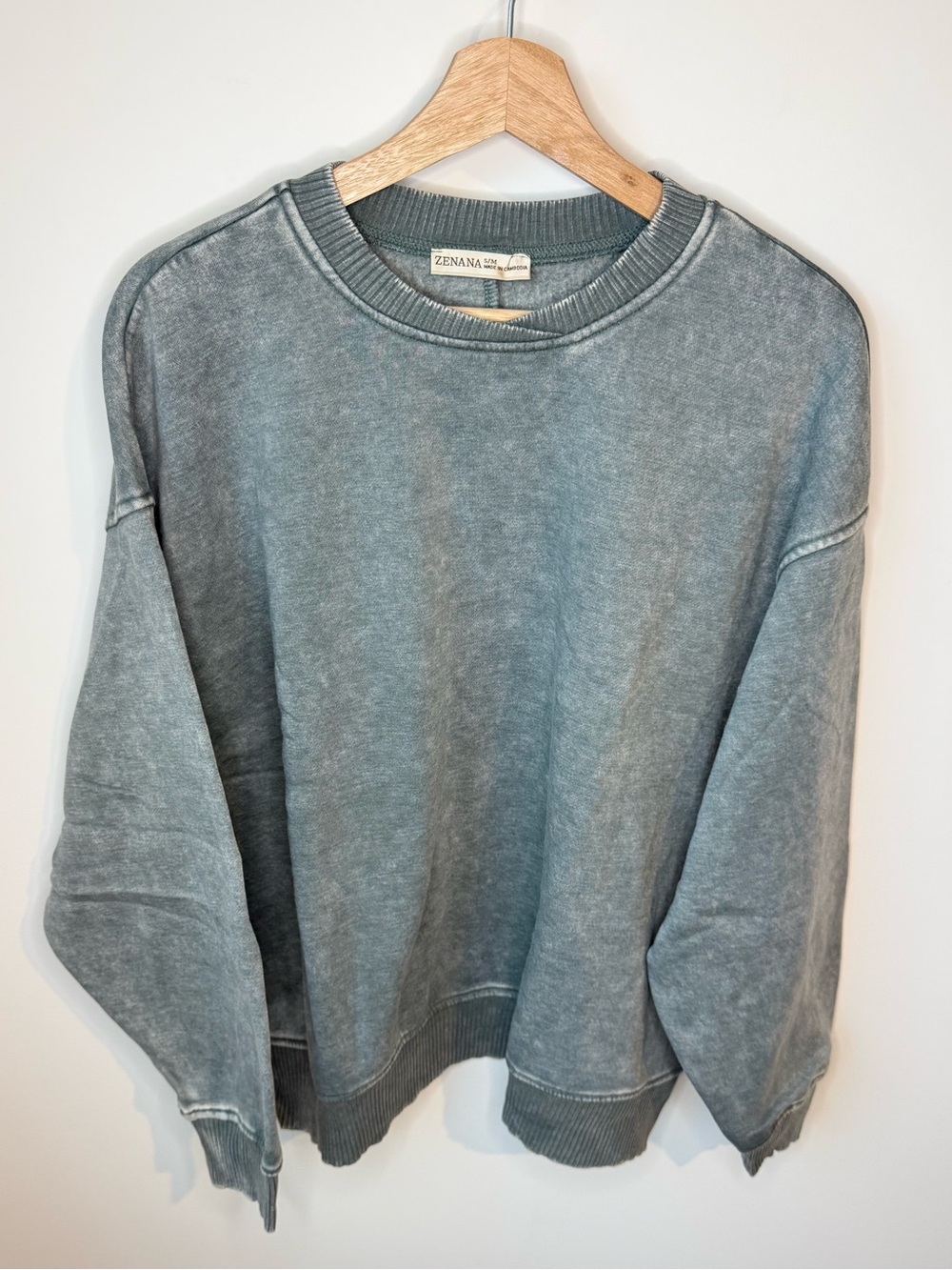 NWT (Bag) Zenana Outfitters Acid Washed Ash Jade Crewneck Sweater | S/M & L/XL